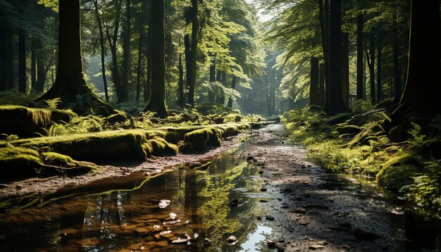 Free photo tranquil scene of a wet forest with flowing water generated by artificial intelligence