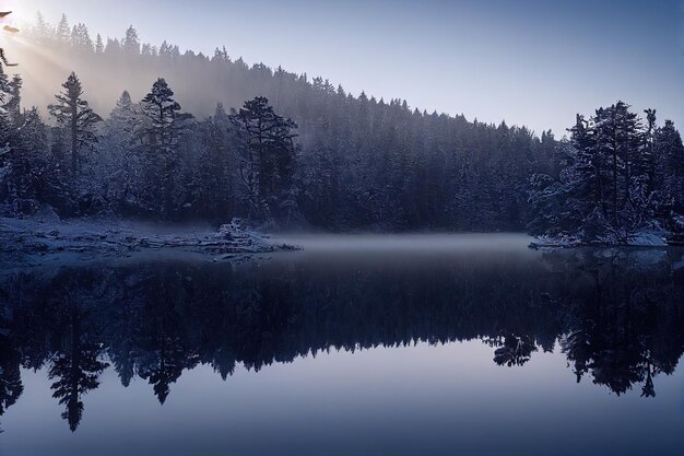 無料写真 雲の中に雪の城がある静かな風景マウンテンクリークが森の丘から氷河湖に流れ込む