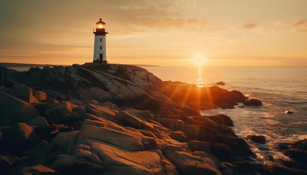 Tranquil seascape at dusk illuminated by beacon generated by AI