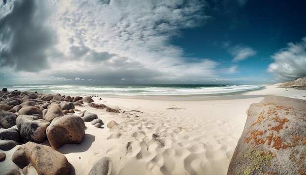 Tranquil seascape waves crash on rocky shore generated by AI