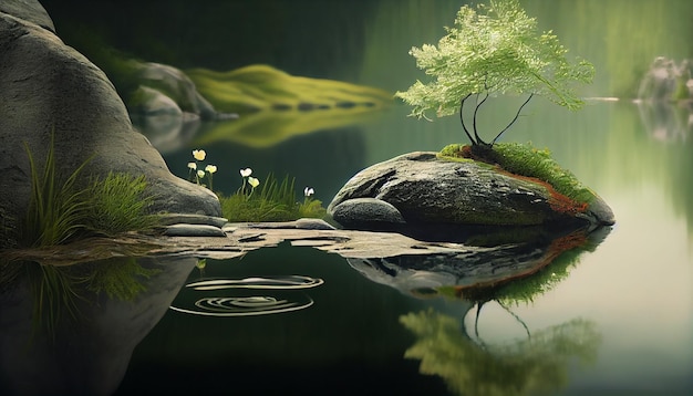 Tranquil summer pond reflects lush green landscape beauty generative AI