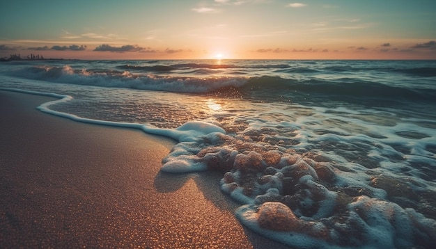 AI によって生成された青い水と砂に沈む静かな夕日