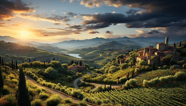 Бесплатное фото Спокойный закат над итальянским виноградником и живописный сельский пейзаж, созданный искусственным интеллектом