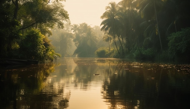Бесплатное фото Спокойный закат над тропическим лесом и прудом, созданный искусственным интеллектом