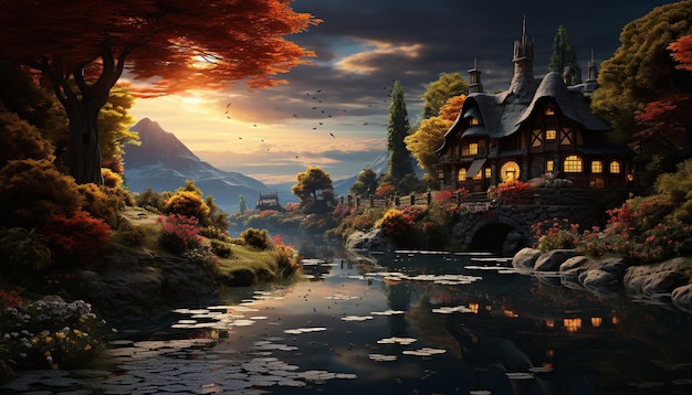 Tranquil sunset reflects on water mountains and autumn trees generated by artificial intelligence