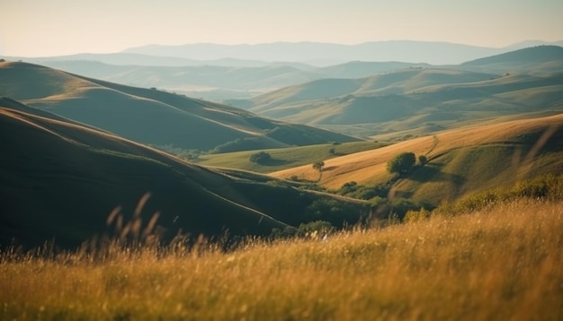 Tranquillo tramonto su prati ondulati e montagne generati dall'intelligenza artificiale