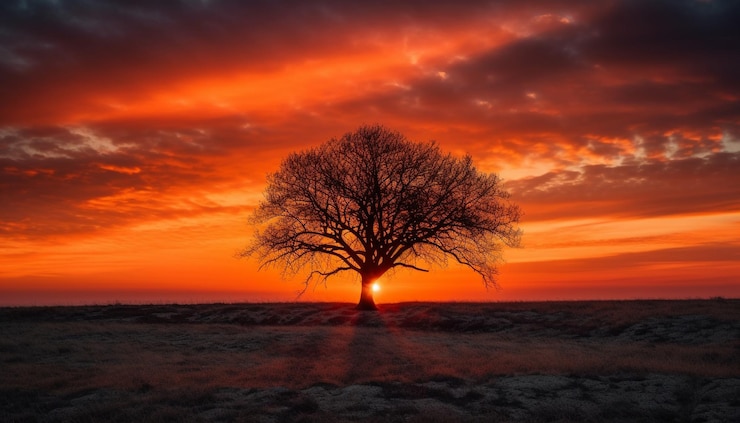 Free Photo tranquil sunset silhouettes tree in orange beauty generated by ai