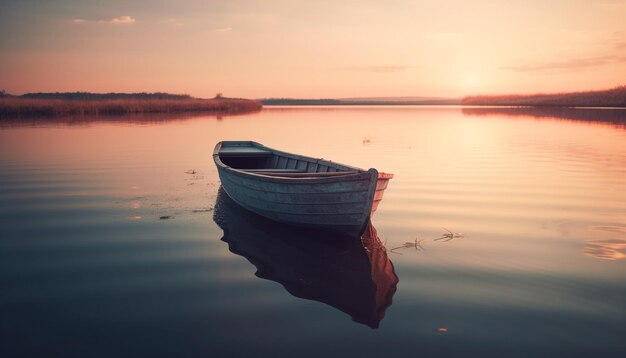 Tranquil sunset on water rowboat transportation home generated by AI