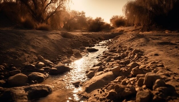 Tranquil sunset over wet forest reflects beauty generated by AI