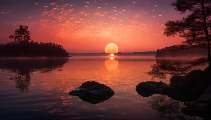 Free Photo tranquil waters edge dark silhouette against sky generated by ai