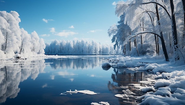 Free photo tranquil winter landscape frozen tree reflects beauty in nature generated by ai