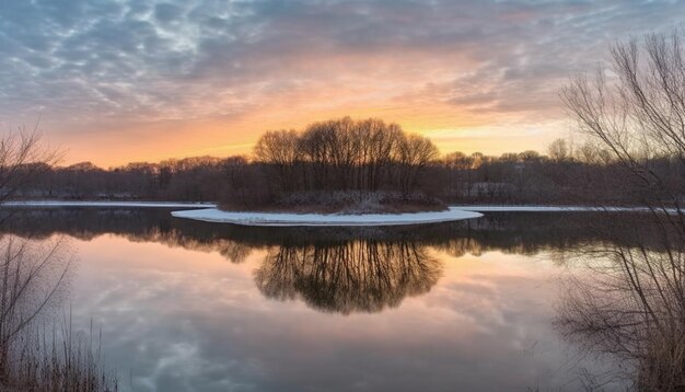 Бесплатное фото Спокойный зимний пейзаж, отражающий закат на замерзшем пруду красота природы, созданная искусственным интеллектом