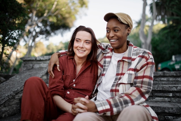 Trans couple holding each other and sitting on stairs at the park