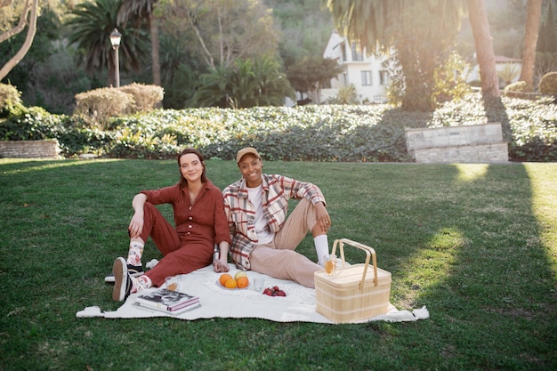 Trans couple holding hands while having a picnic at the park