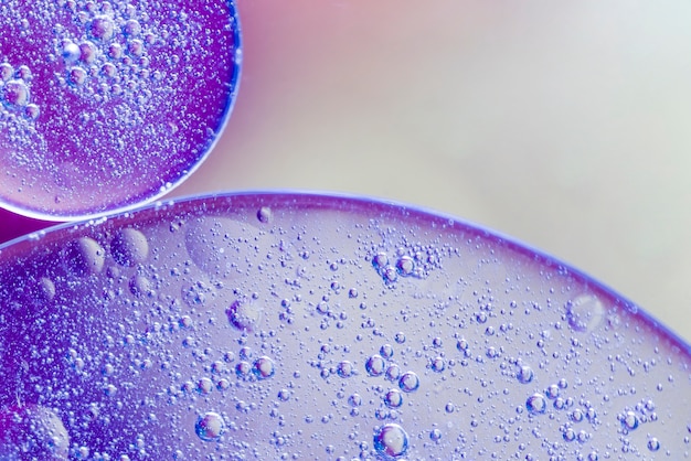 Translucent oil drops in water on blurred background