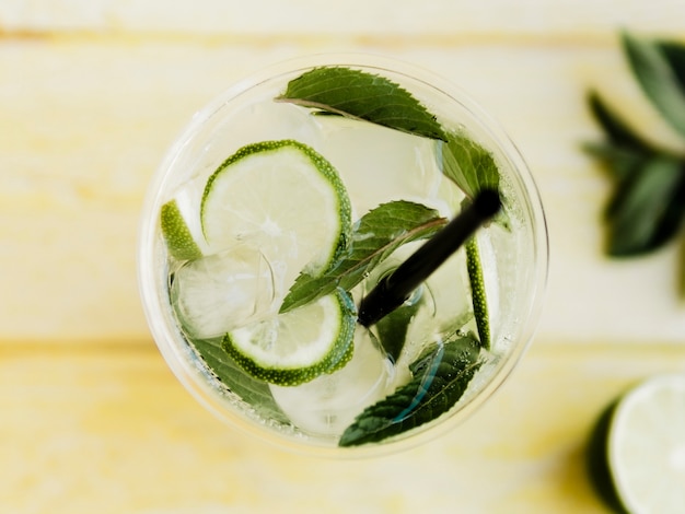 Transparent cold cocktail with lime and mint 