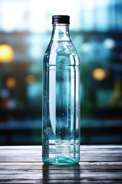 透明な水のボトルを屋外に