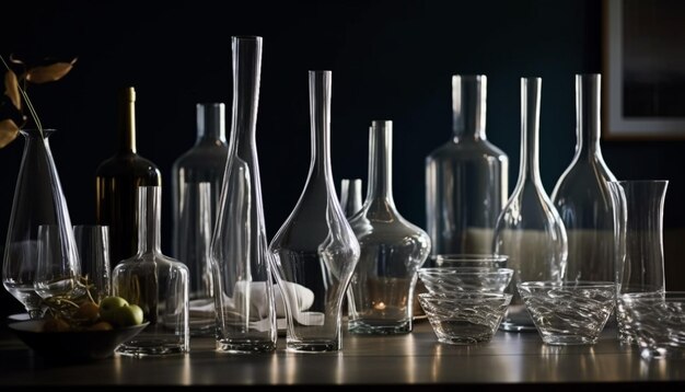 AIによって生成されたテーブル上の透明なワインボトルとグラス