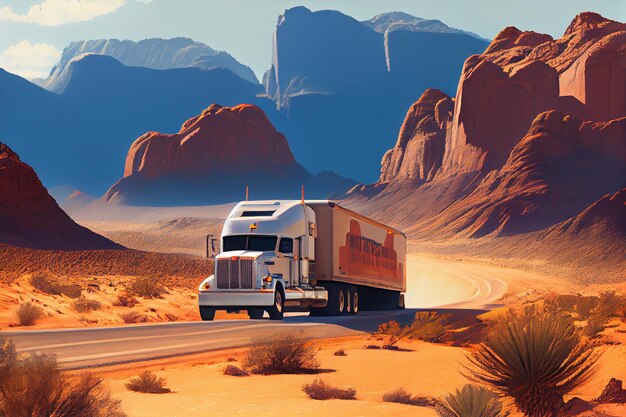 複数車線の高速道路で貨物コンテナを配送する輸送用トラック生成 AI