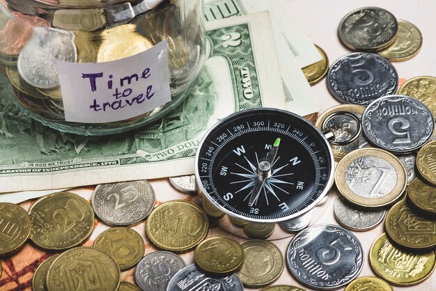 Travel background with money and compass