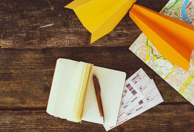 Travel concept. Objects on wooden table