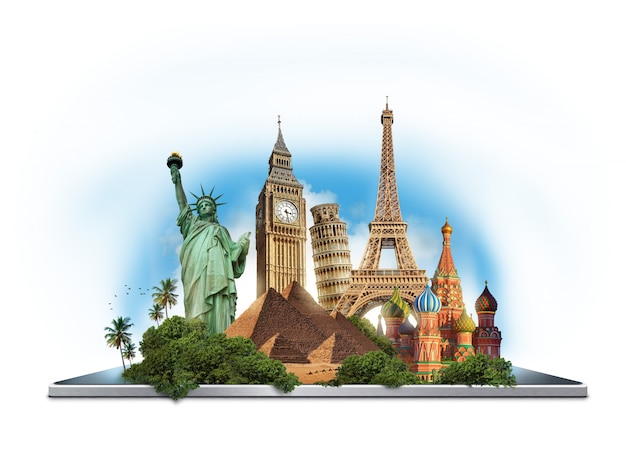 Travel concept with worldwide landmarks