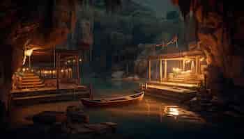 Free photo travel destination ancient ruins illuminate reflective nautical vessel generated by ai