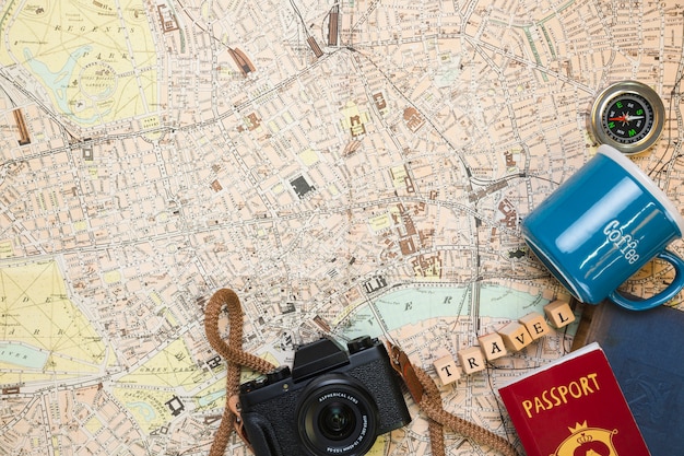 Free photo travel elements on vintage map