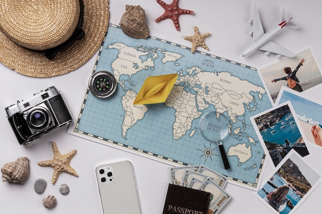 Travel items assortment flat lay