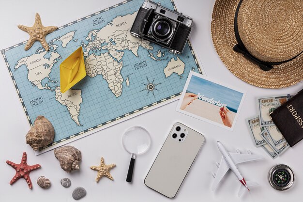 Travel items assortment above view