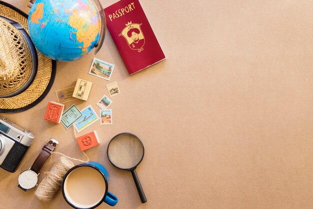 Travel items on table