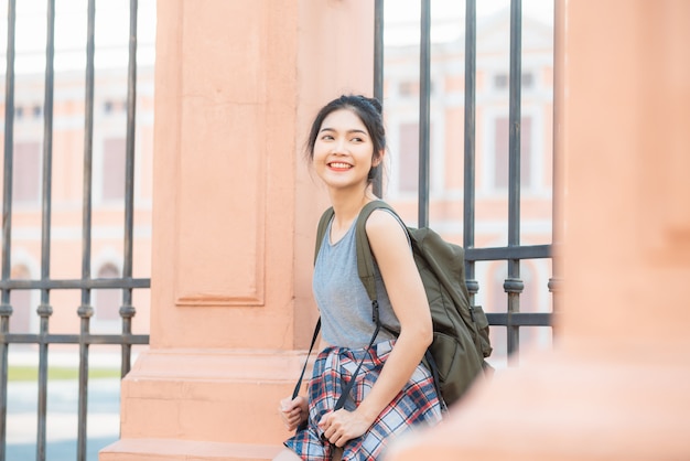 Free photo traveler asian woman traveling and walking in bangkok, thailand