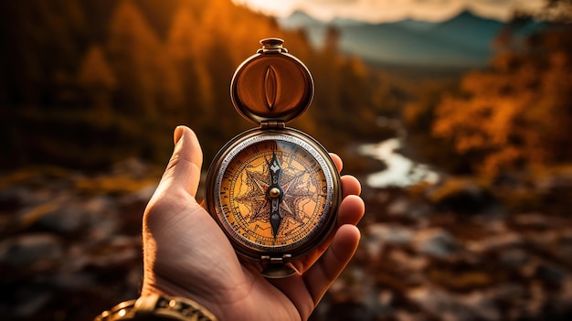 A traveler's hand with a compass over a scenic view
