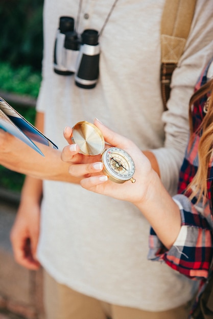 Traveler's hand with compass