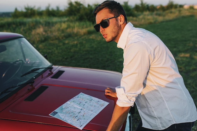 On a car hood, in nature