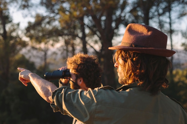 Travelers looking into distance