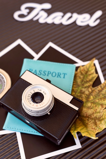 Traveling elements arrangement on luggage close-up