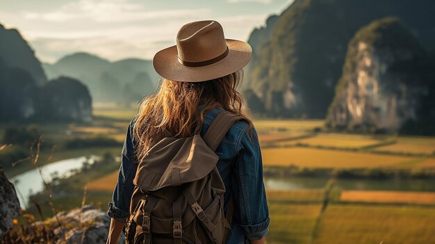 A traveling woman with a hat and backpack