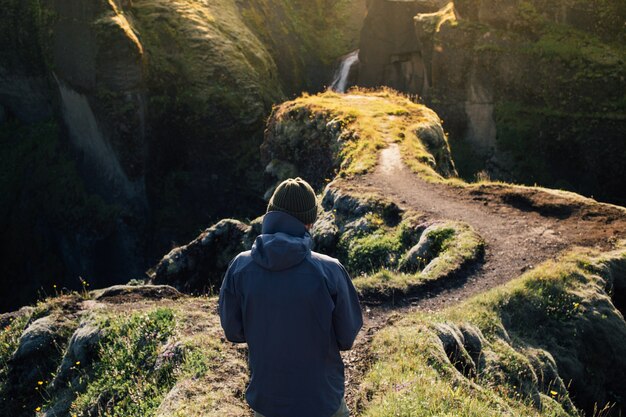 Traveller explore rugged landscape of iceland