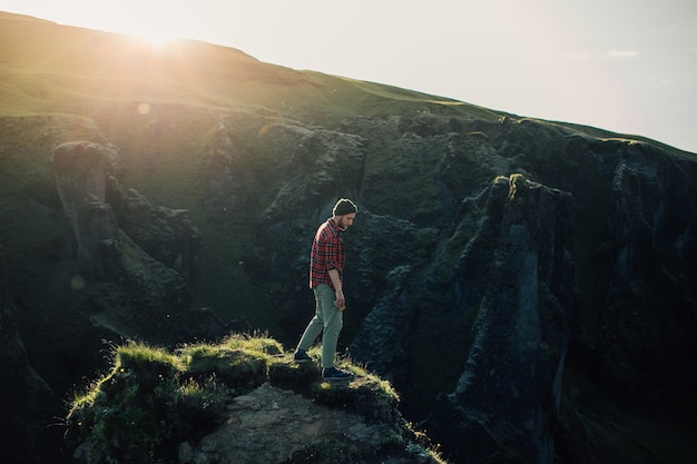 Traveller explore rugged landscape of iceland