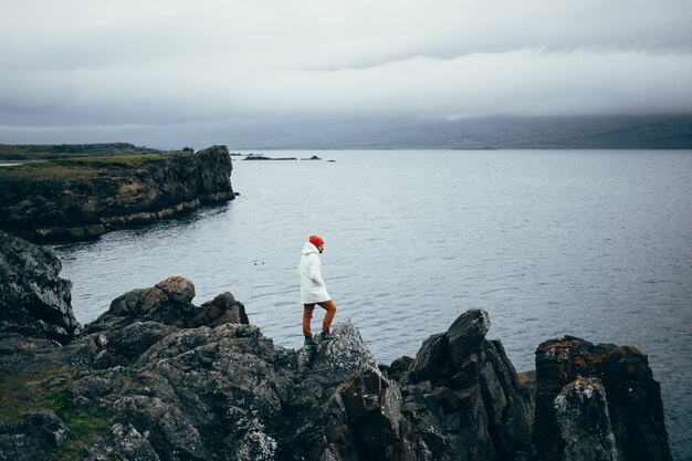 無料写真 旅行者はアイスランドの険しい風景を探索します