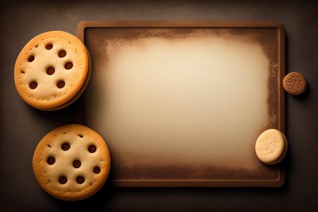 A tray of cookies with a blank sign that says'biscuits'on it