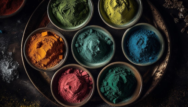 A tray of different colored powders with the word chrysanthemum on the bottom.