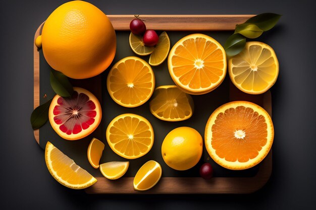 A tray of different fruits including oranges cherries and cherries