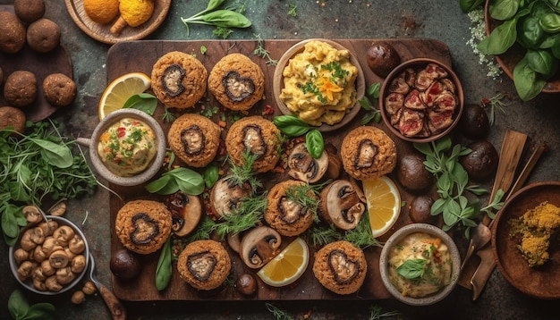 Free photo a tray of food with mushrooms and other food on it