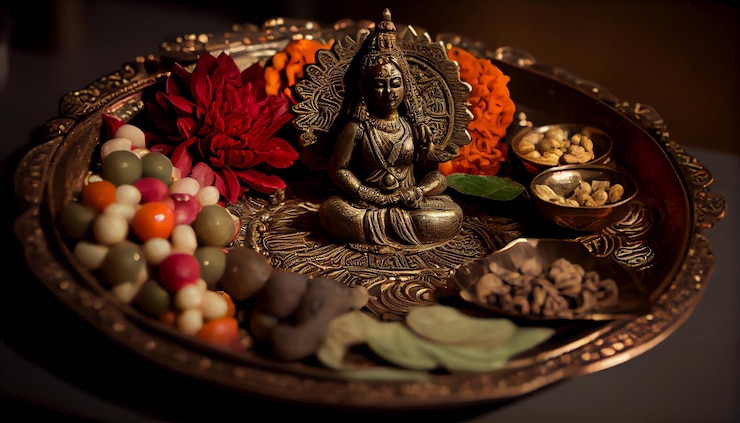 Free Photo a tray of food with a statue of a goddess and other items