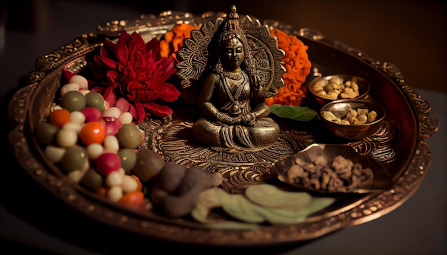 A tray of food with a statue of a goddess and other items