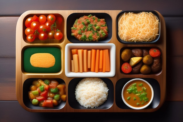 A tray of food with a variety of foods including rice, vegetables, and sauces.