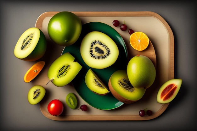 Поднос с фруктами и зеленая тарелка с надписью "киви"