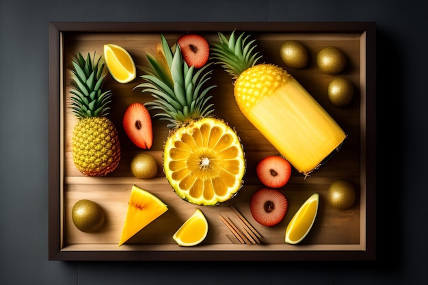 Free photo a tray of fruit with pineapples and kiwis on it